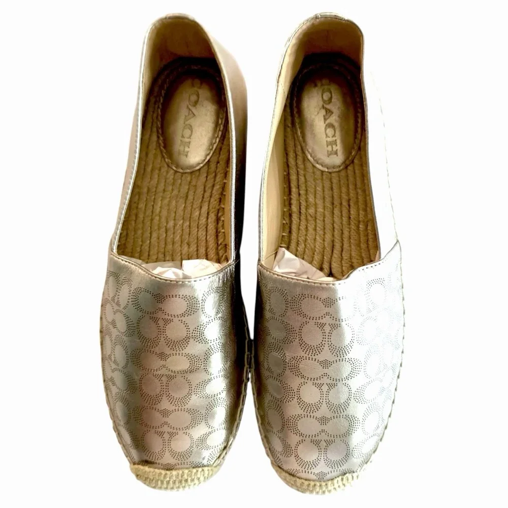 Coach Carley Metallic Pale Gold Signature Espadrille Flats Size 9.5